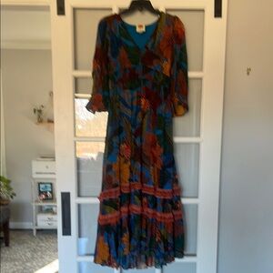 Anthropologie Blue and Orange Patterned Maxi Dress